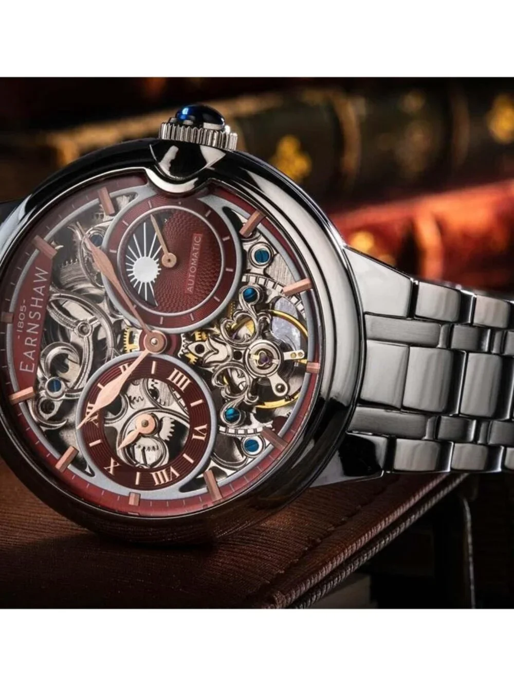 NWT Thomas Earnshaw Barallier Sun Moon Dual Time Automatic Red Dial Men's Watch